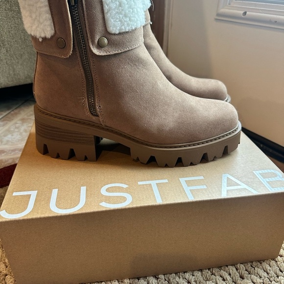 JustFab Tan Heeled Boots with Cream Fur Trim - Picture 3 of 13